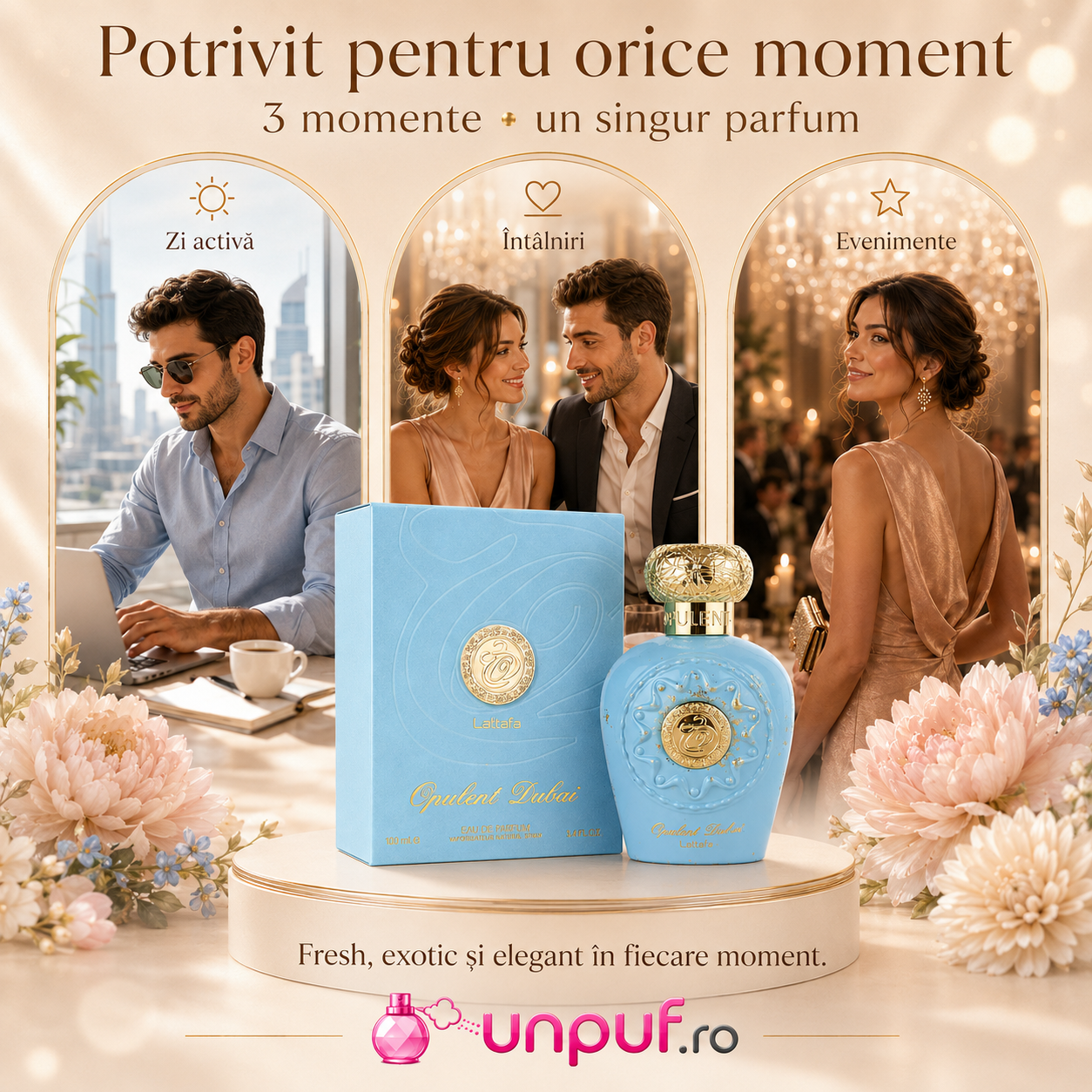 Parfum Opulent Dubai Lattafa potrivit pentru zi activă &icirc;nt&acirc;lniri vacanță și evenimente